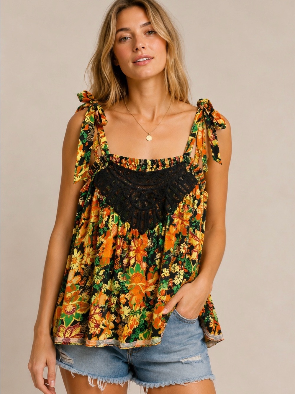 Free People Medium Floral Black Lace Babydoll Tie Strap Boho Tank Top
